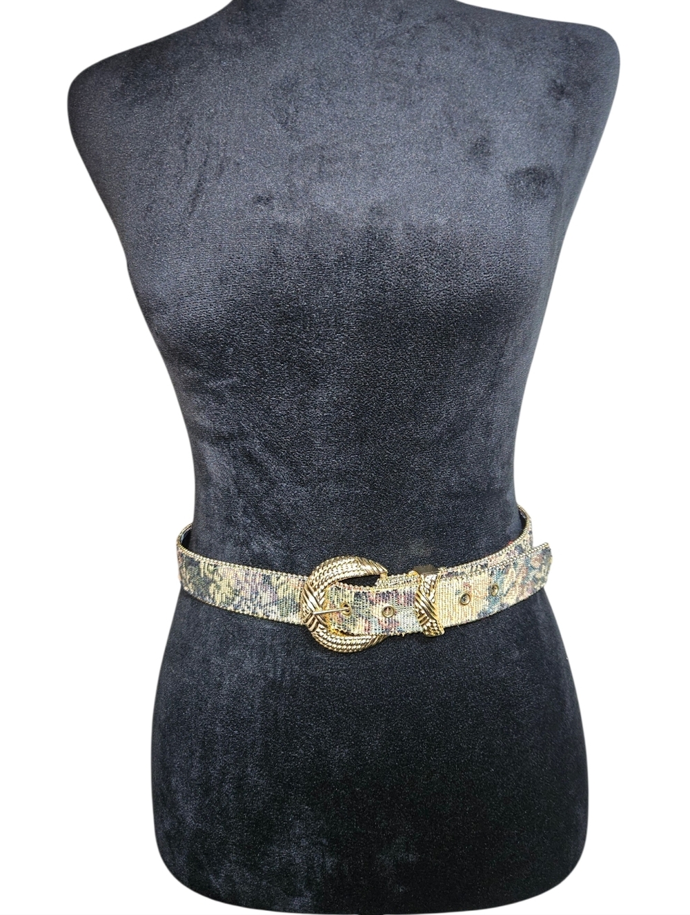 Vintage Women's Floral Tapestry Statement Belt With Gold Buckle Size S